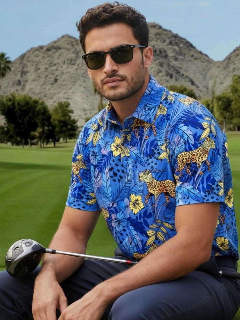 Birdie Bound Men’s Golf Polo Shirt Blue Leopard Print Performance Stretch Size M